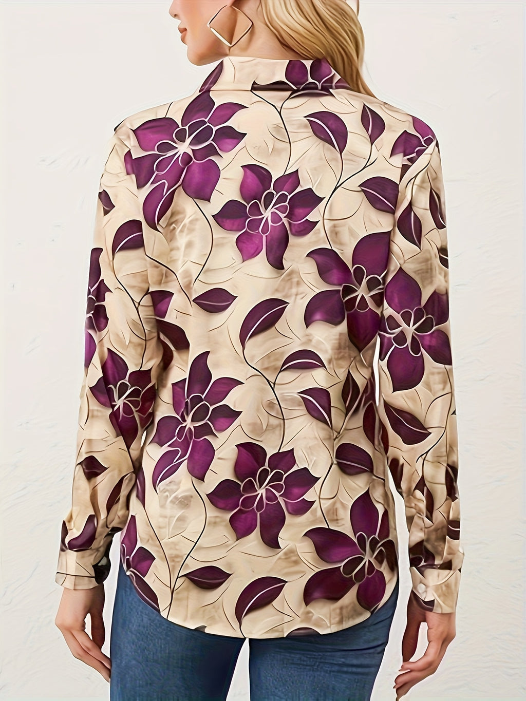 Elegant Women's Floral Blouse - Long Sleeve Button-Up with Lapel Collar, Lightweight Polyester Shirt for Office & Casual