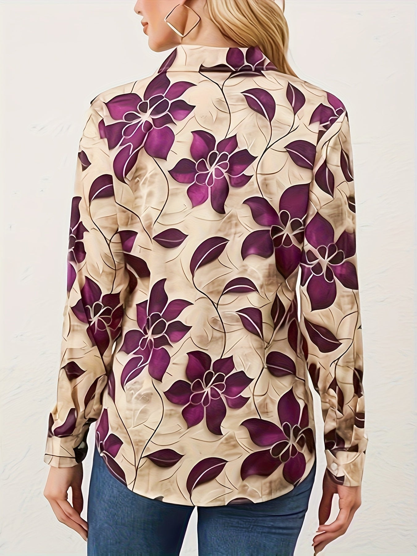 Elegant Women's Floral Blouse - Long Sleeve Button-Up with Lapel Collar, Lightweight Polyester Shirt for Office & Casual