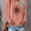 SHIMIDA Women's Sunflower Print Long Sleeve Tunic Top – Boho Chic Round Neck Blouse, Soft Pink & Brown, All-Season Casual to Semi-Formal, Machine Washable