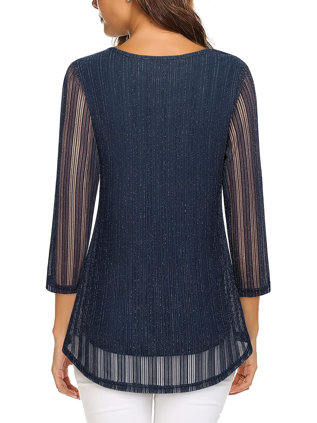 Plus Size Navy Blouse – Sheer Three-Quarter Sleeves, Crew Neck, Medium Stretch Oversized Top