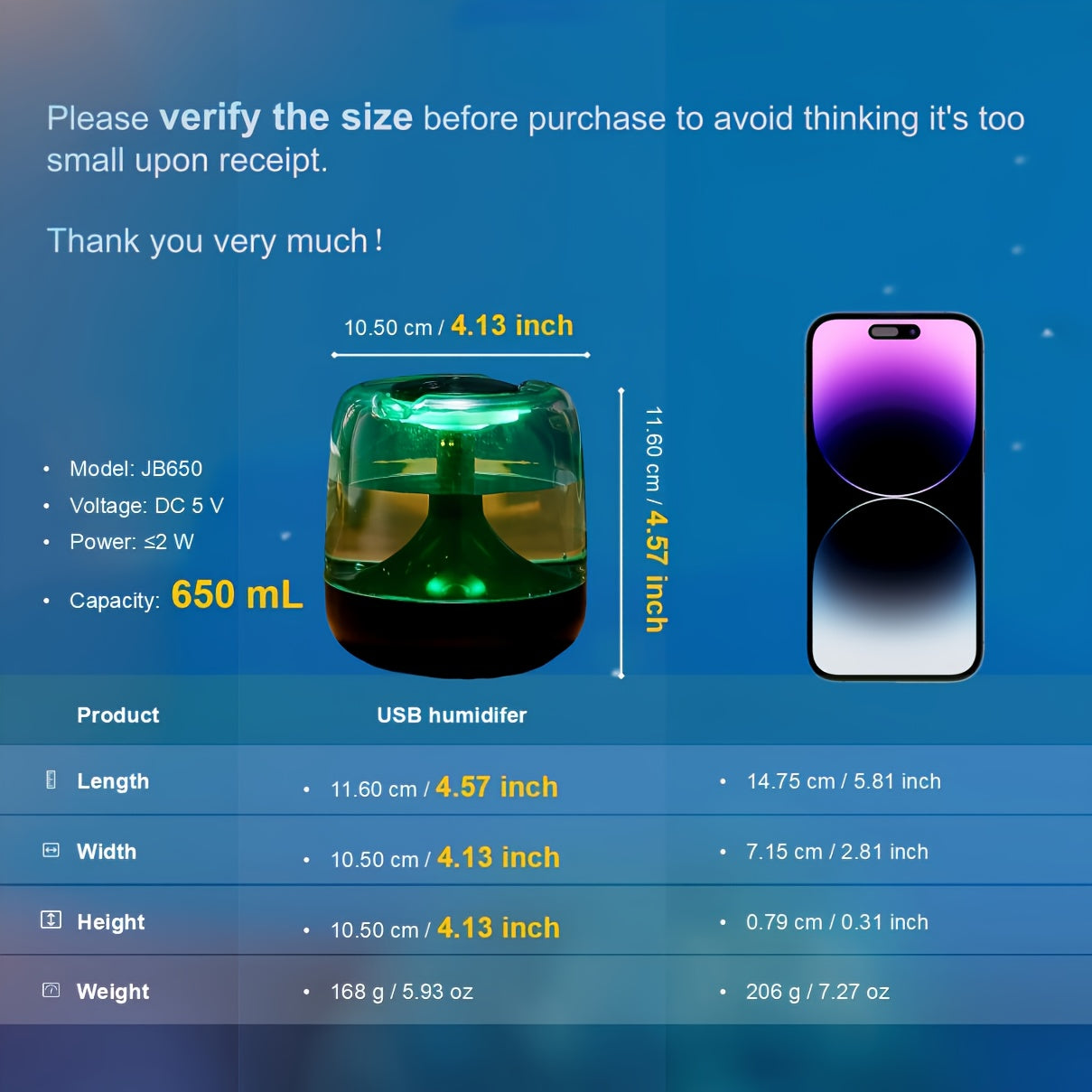 USB Cool Mist Humidifier & Essential Oil Diffuser with Night Light, 21.98 oz (650 ml) Tank, 7-Color LED, Quiet 12H Operation, Continuous/Intermittent Mist for Bedroom & Home