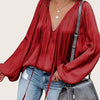 Green French Satin Tie-Front Blouse V-Neck Long Sleeve Ruched Top for Women