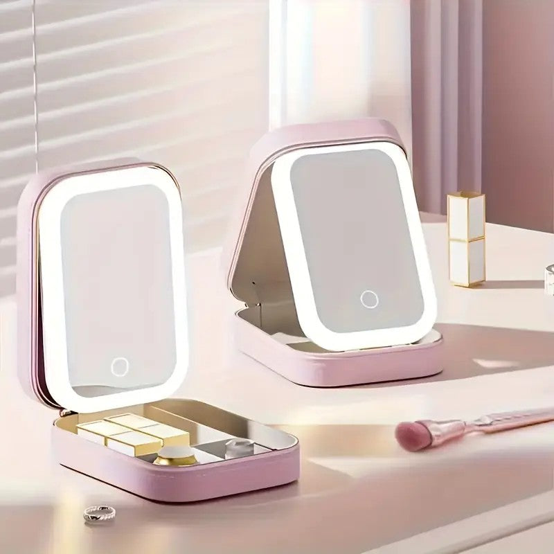Foldable USB LED Makeup Mirror, Touch Control, 1X/10X Magnification, Adjustable Brightness, Pink Faux Leather Travel Cosmetic Organizer