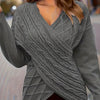 Plus Size Cable Knit Wrap V-Neck Sweater, Drop Shoulder Long Sleeve Pullover