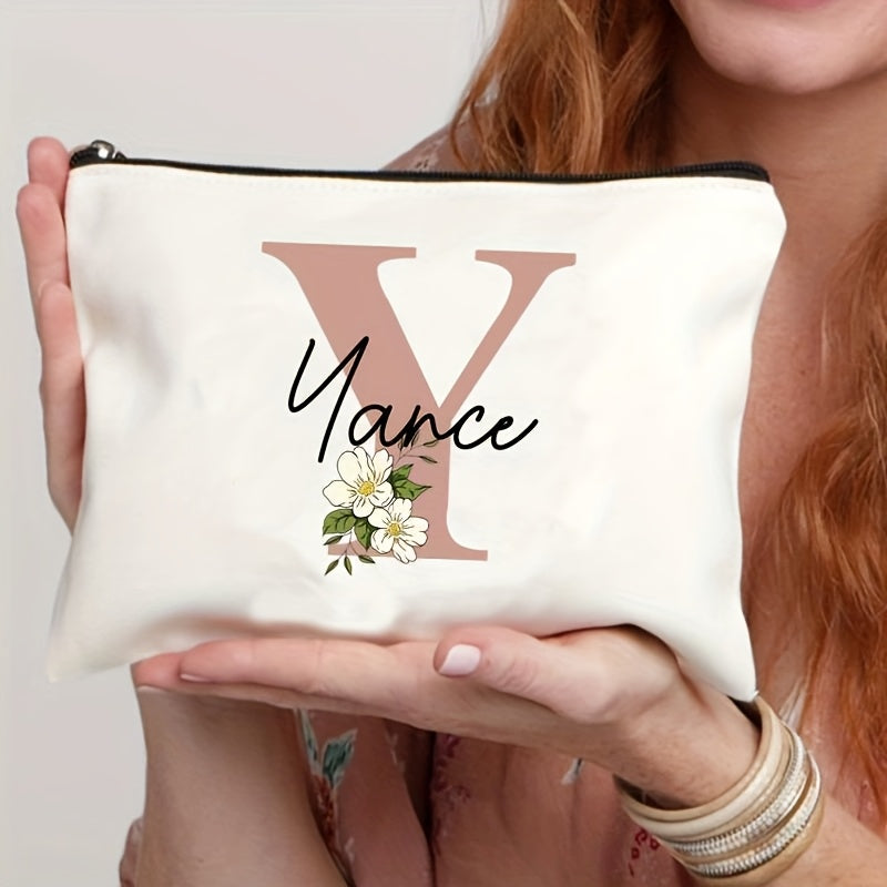 Customizable Floral Makeup Bag - Foldable Polyester Cosmetic Pouch for Travel, Zippered Toiletry Organizer, Machine Washable, Ideal Bachelorette Gift