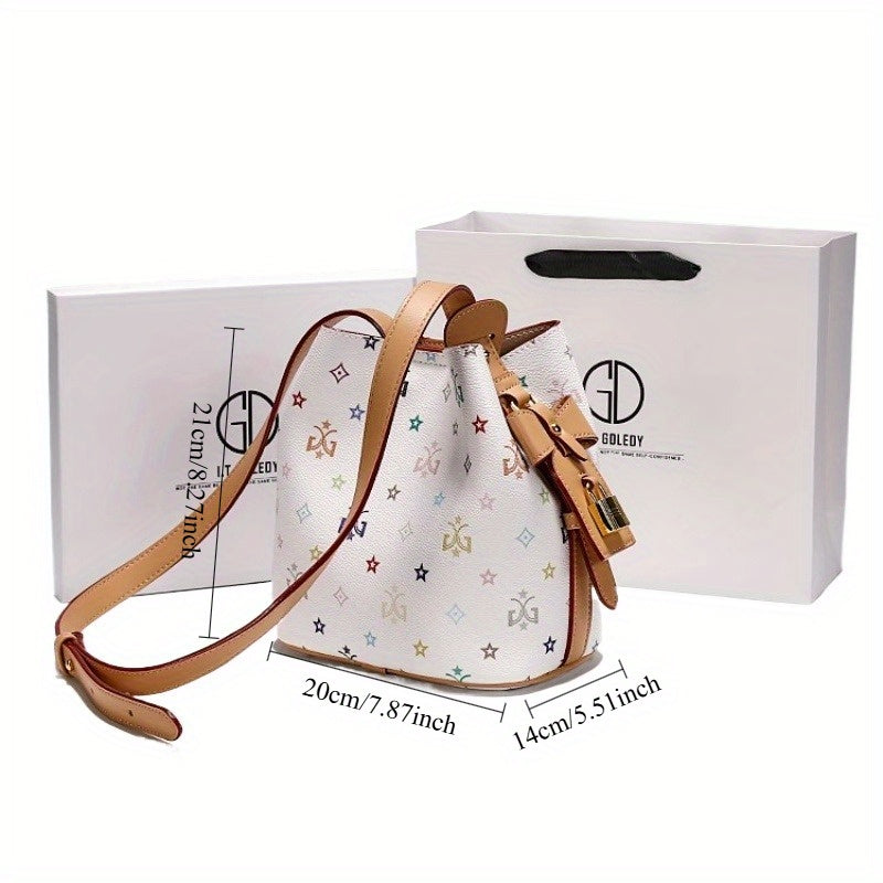 Women's Convertible Bucket Bag – Split Leather Crossbody Handbag with Adjustable Strap, Buckle Closure, Coffee Brown & Beige