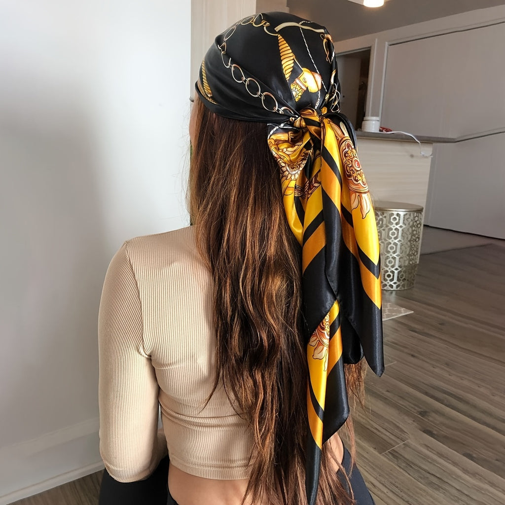 Black & Yellow Printed Square Scarf — Lightweight Women's Square Shawl, Hand-Washable Headwrap & Windproof Fashion Accessory