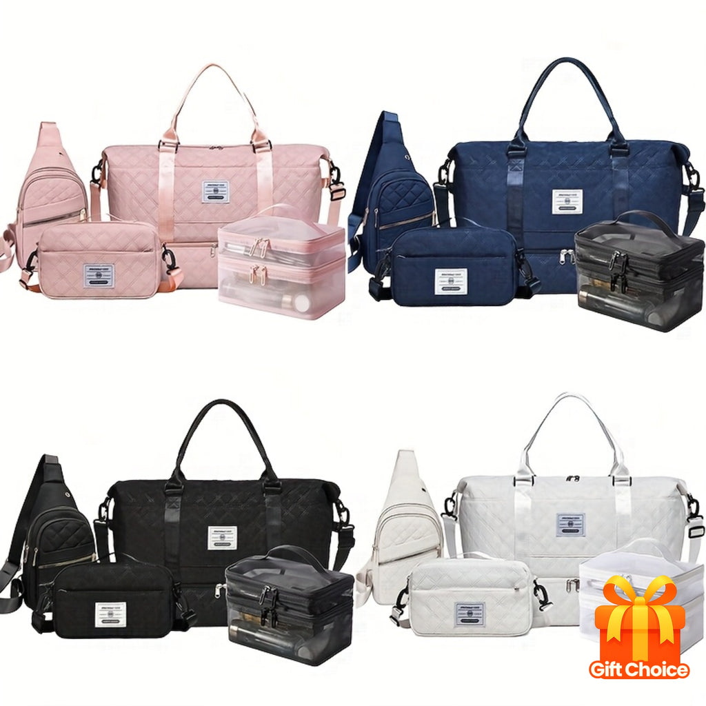 4-in-1 Travel Tote Bag Set – Large Capacity Travel & Gym Tote with Chest Bag, Makeup Pouch & Waist Pack – White, Black, Pink