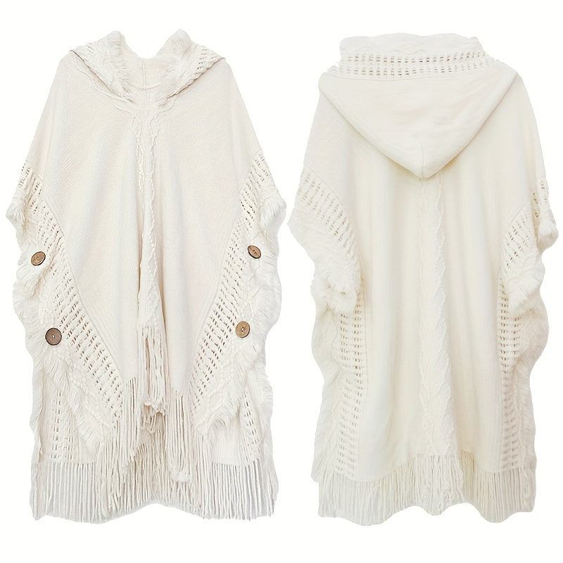 White Boho Fringe Shawl for Women – Lightweight Polyester Wrap, Breathable Sun-Proof Cover-Up for Spring & Autumn