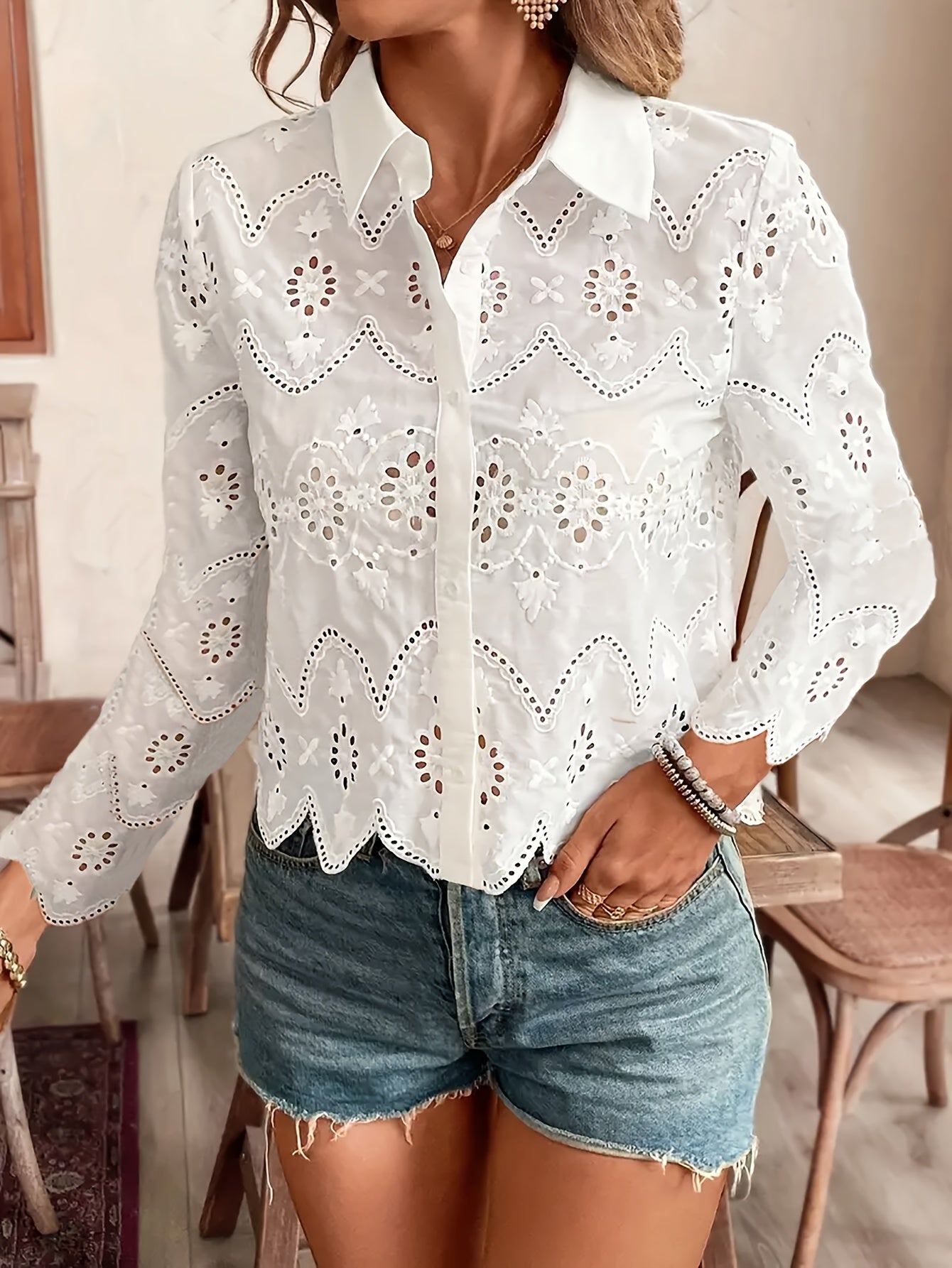 White Lace-Trim Floral Button-Up Blouse for Women – 100% Polyester, Semi-Sheer Lapel Collar, Casual Chic