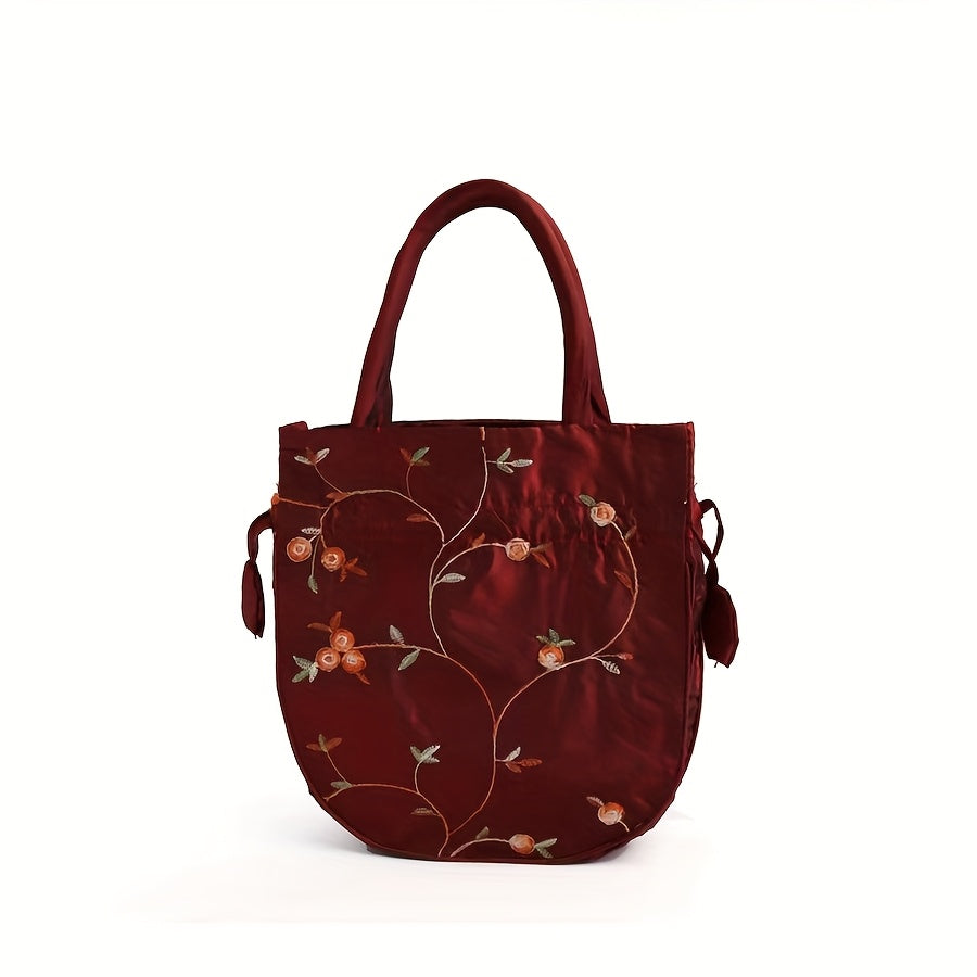 Elegant Floral Embroidered Drawstring Clutch – Cute Bucket Purse with Polyester Lining for Coins & Phone (Multiple Colors)