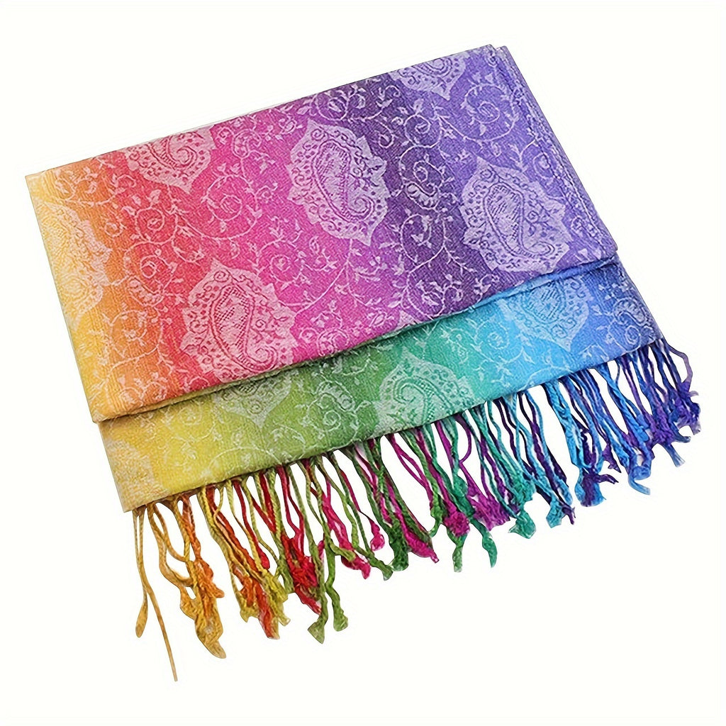 Colorful Willow Leaf Tassel Square Scarf - Women's Autumn & Winter Warm Ethnic Print Shawl