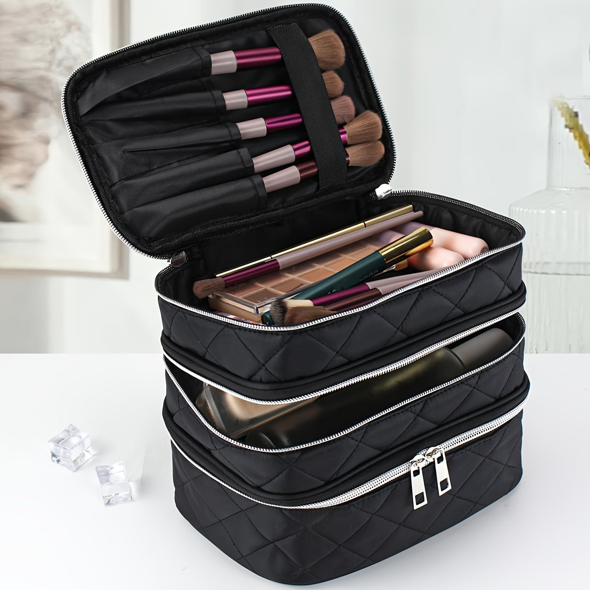 Large Capacity Black Rhombus Travel Organizer Bag – 3-Tier Double-Layer Makeup Case with Gold Zippers