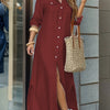 Women's Navy A-Line Maxi Shirt Dress with Chest Pocket – Button-Front Collared, Machine Washable Elegant Spring/Summer Wedding Guest & Work Dress