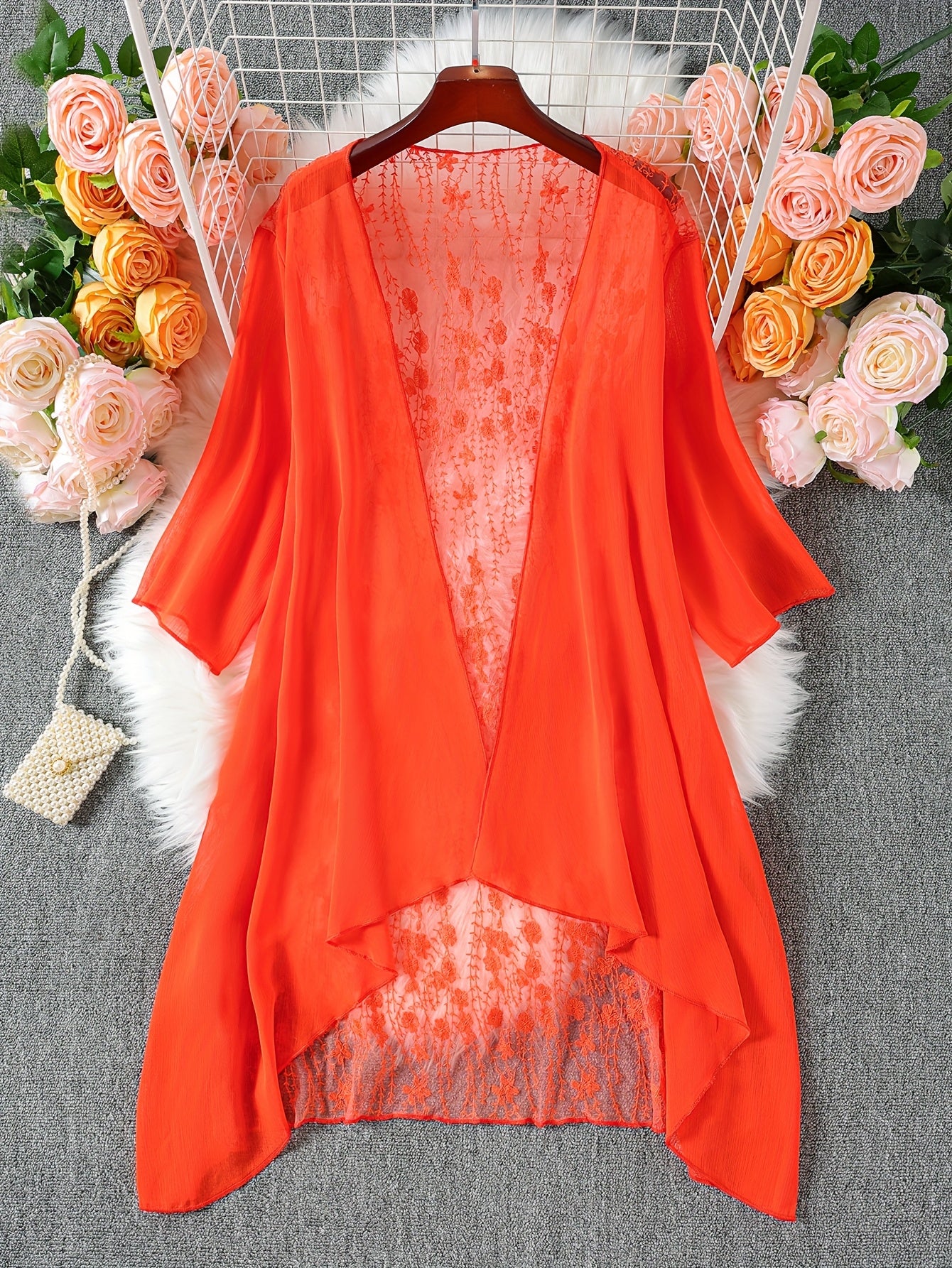 Plus Size Floral Embroidered Kimono Cardigan - Lace Trim Midi Cape, Long Sleeve Semi-Sheer