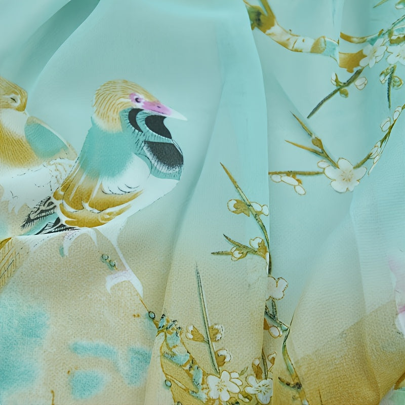 Vintage Magpie Print Long Imitation Silk Chiffon Scarf, Lightweight Shawl Wrap