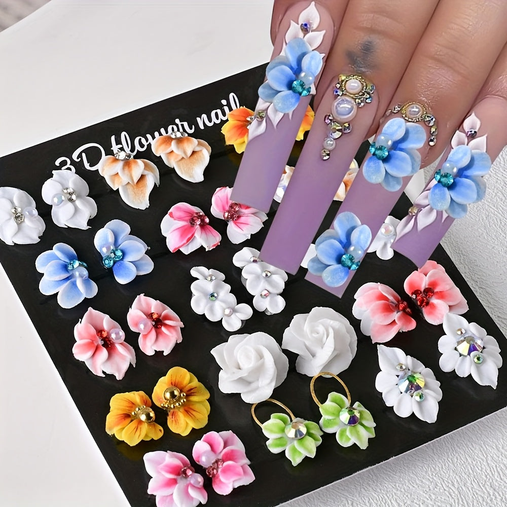 10-Pack 3D Acrylic Carved Flower Nail Art Charms Rhinestone Sculpted Cherry Blossom Nail Decorations