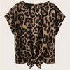 Tie-Front Leopard Print Blouse - Women's Crew Neck Casual Top for Spring & Summer