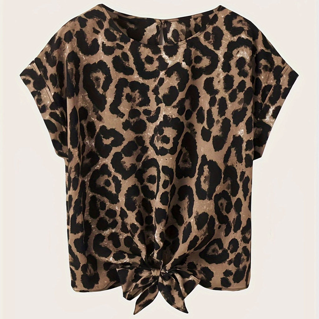 Tie-Front Leopard Print Blouse - Women's Crew Neck Casual Top for Spring & Summer