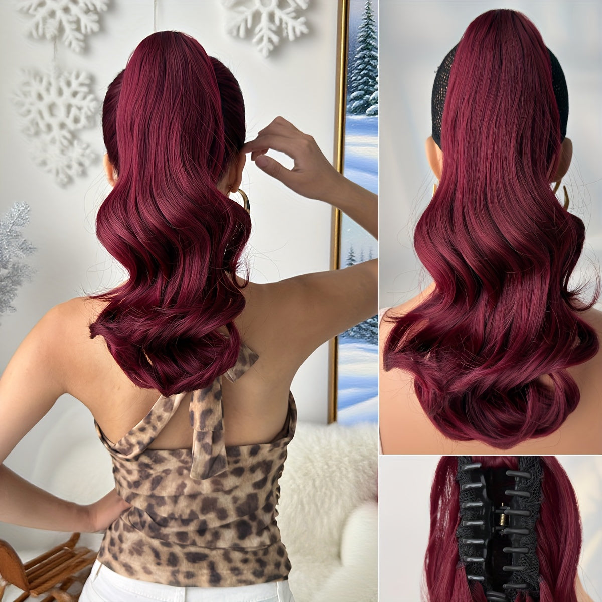 YUSULAXI 16 in (40 cm) Deep Wave Clip-In Ponytail Extension - Heat-Resistant Synthetic Hairpiece in Natural Brown, Black, Dark Brown, Red, Burgundy, Golden Ombre