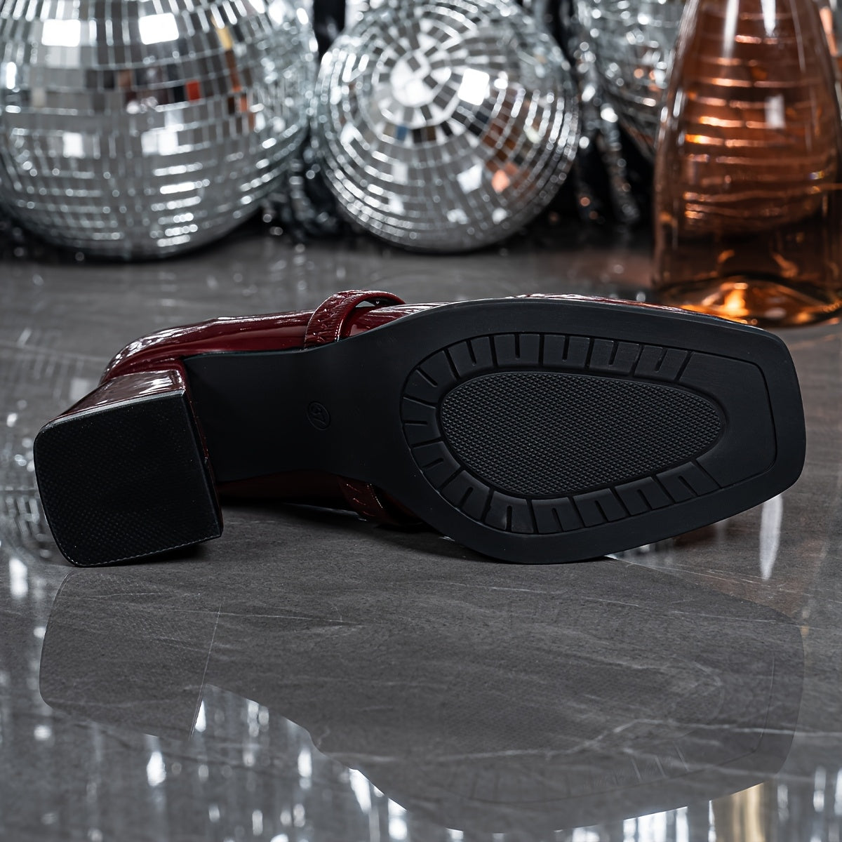 Women's Red Block Heel Pumps - Square Toe, Elastic Band, Glossy Anti-Slip Sole