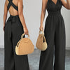 Women's V-Neck Backless Cross-Waist Tie Wide-Leg Jumpsuit - Solid Blue, Machine Washable, Non-Stretch