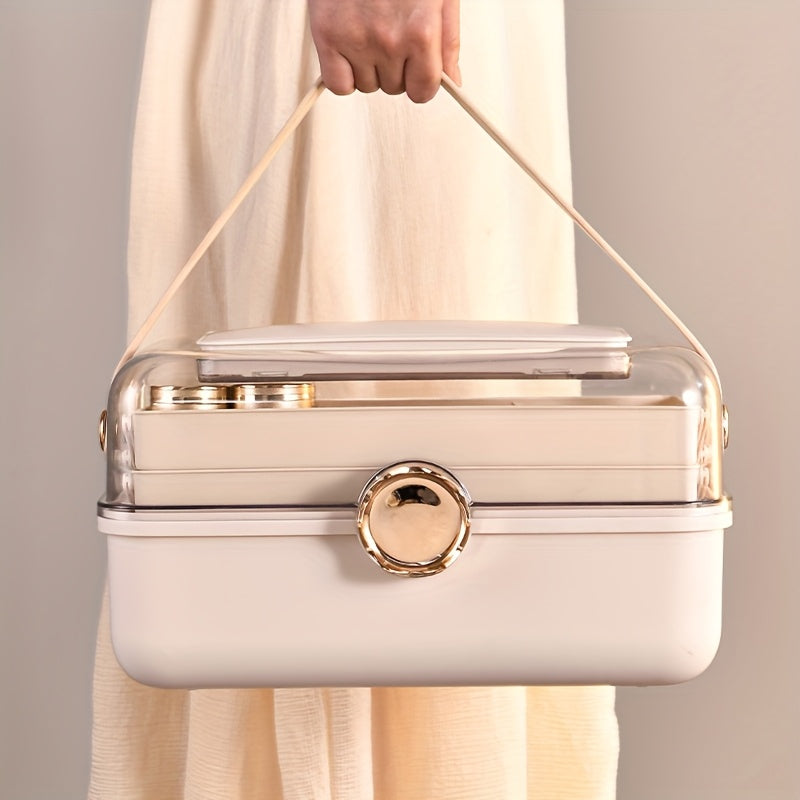 Large Capacity Makeup Organizer Box with Mirror - Multi-Layer Dust-Proof Cosmetic Case with Lock, Beige & White for Travel & Home Storage