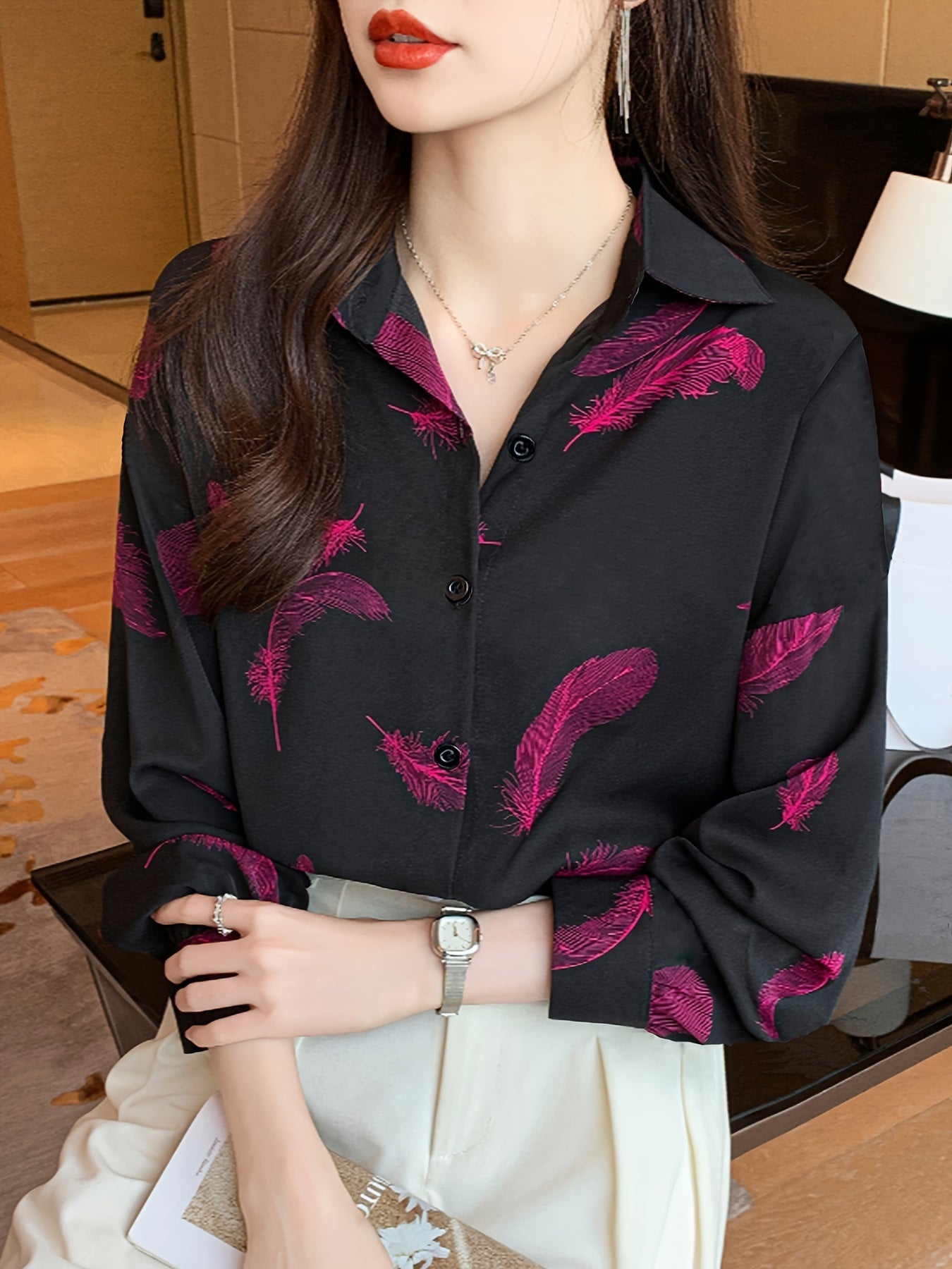 Women's Vintage Feather Print Long Sleeve Polo Shirt - Loose Fit Lapel Collar Blouse