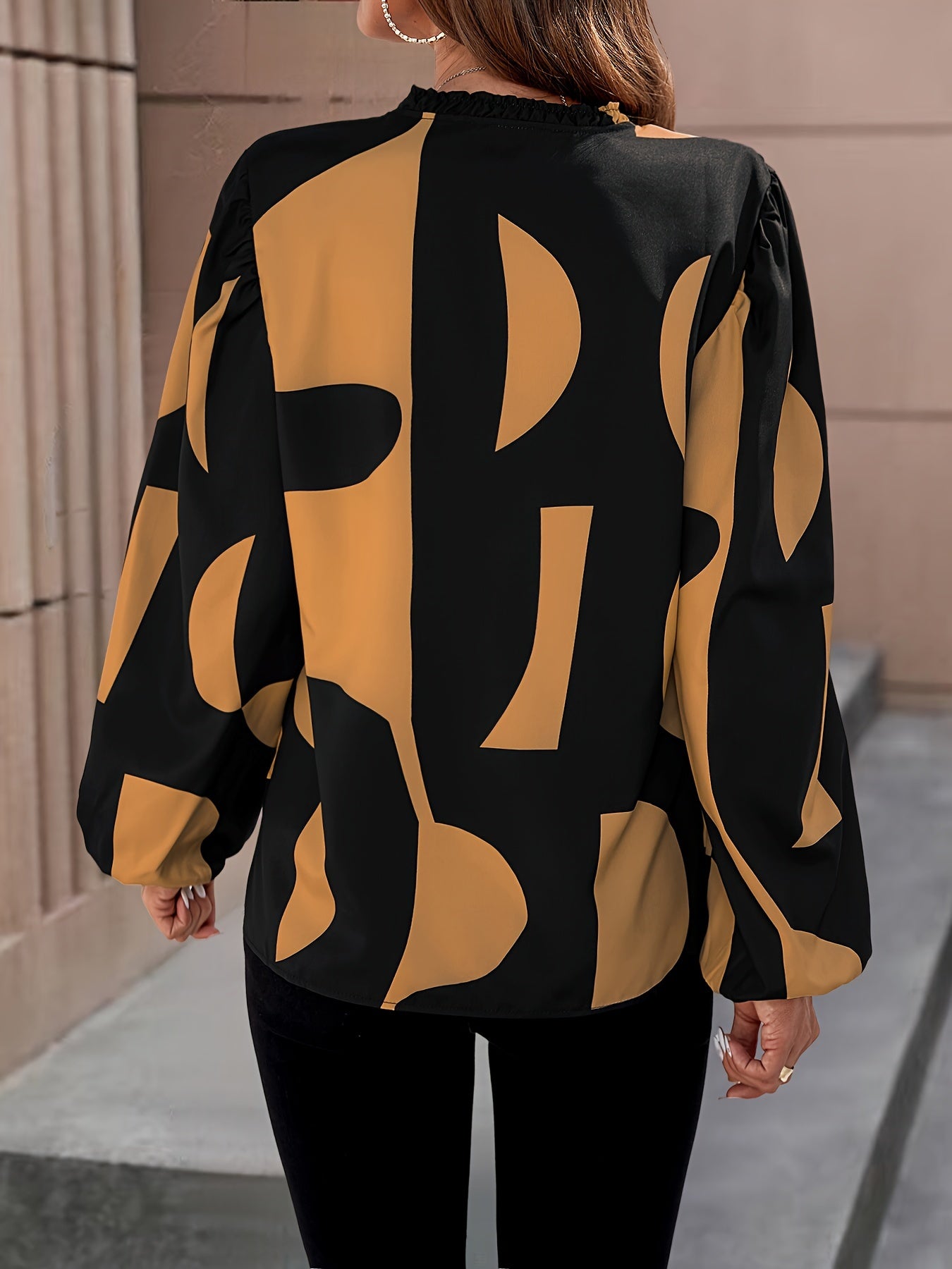 Elegant Black & Red Color Block Puff Sleeve Blouse for Women - Opaque Machine-Washable Spring/Fall Top