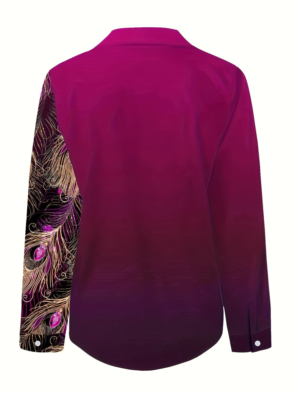 Women's Peacock Print Button-Front Blouse - Turquoise with Gold Buttons, Lapel Collar, All-Season Office & Party Top