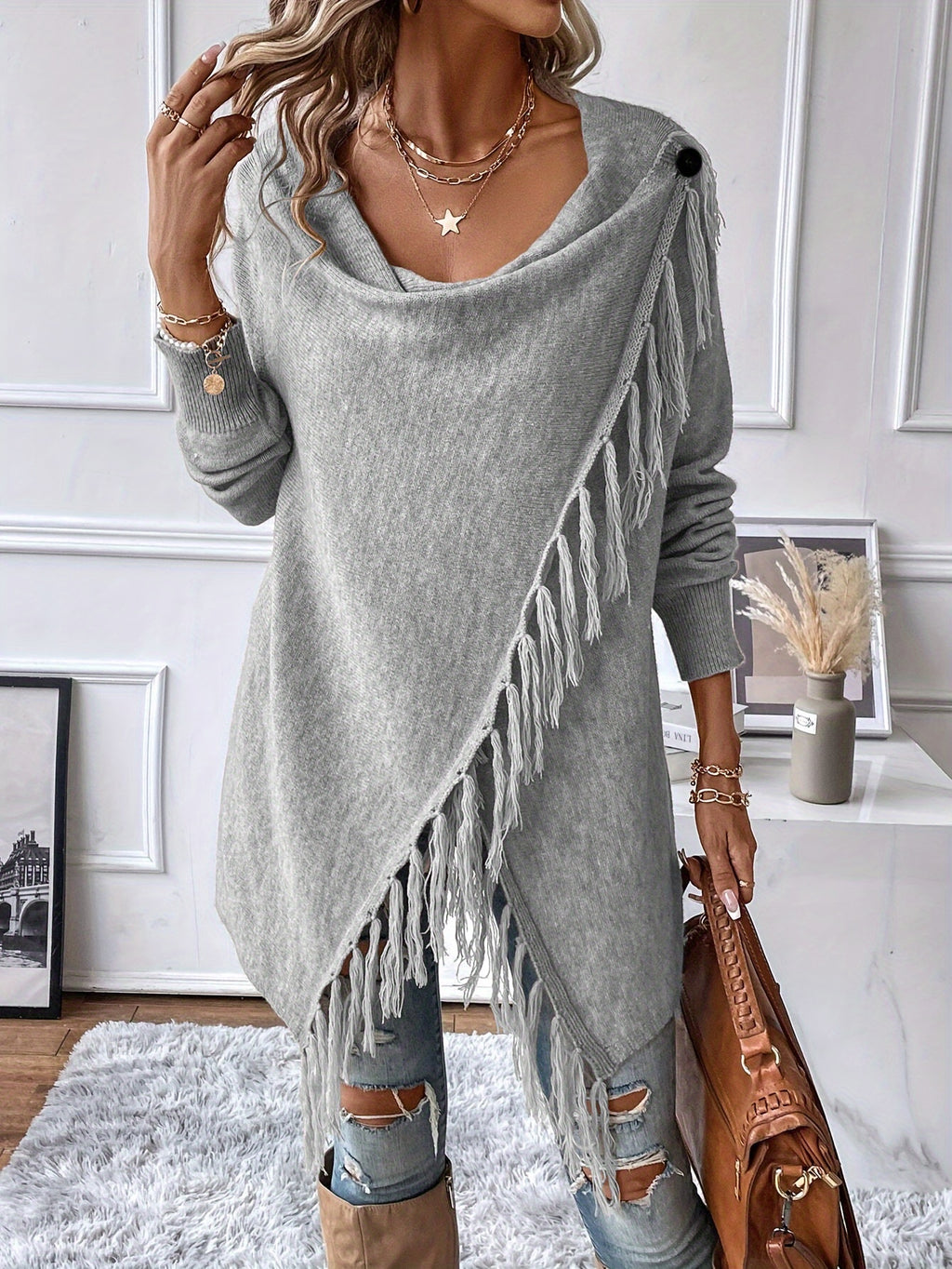 Women's Fringe Tassel Draped Neckline Shawl Wrap - Knit Polyester Fall/Winter