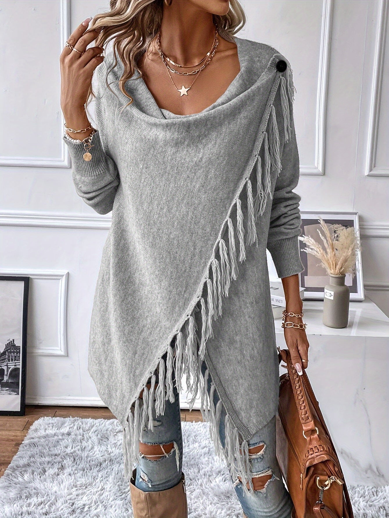 Women's Fringe Tassel Draped Neckline Shawl Wrap - Knit Polyester Fall/Winter