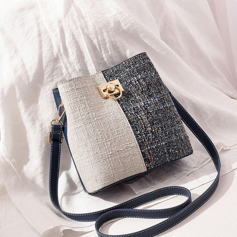 Women's Two-Tone Faux Leather Small Crossbody Bucket Bag – Detachable Strap, Zipper Closure, Metallic Buckle – Red / Blue / Black