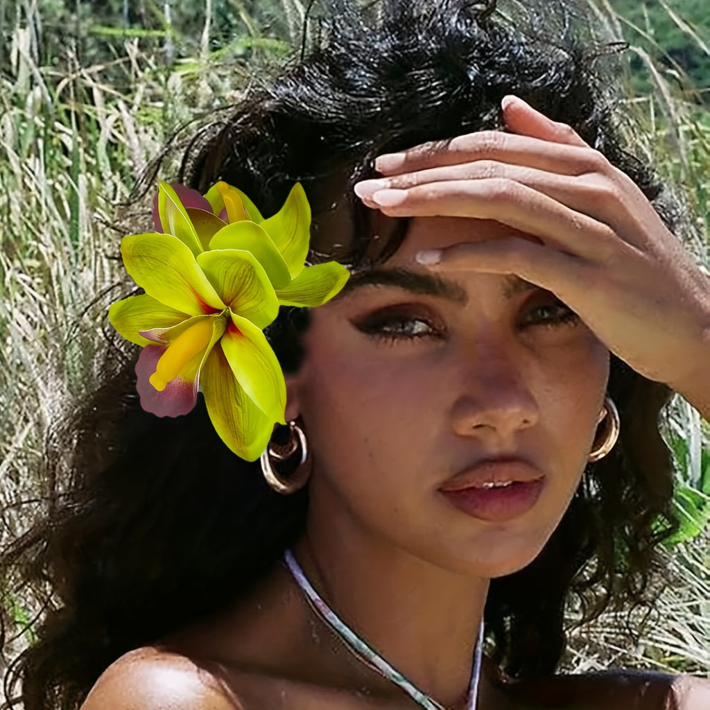 Bohemian Fabric Flower Hair Clip – Tropical Orchid Duckbill Side Hairpin for Weddings & Beach Parties