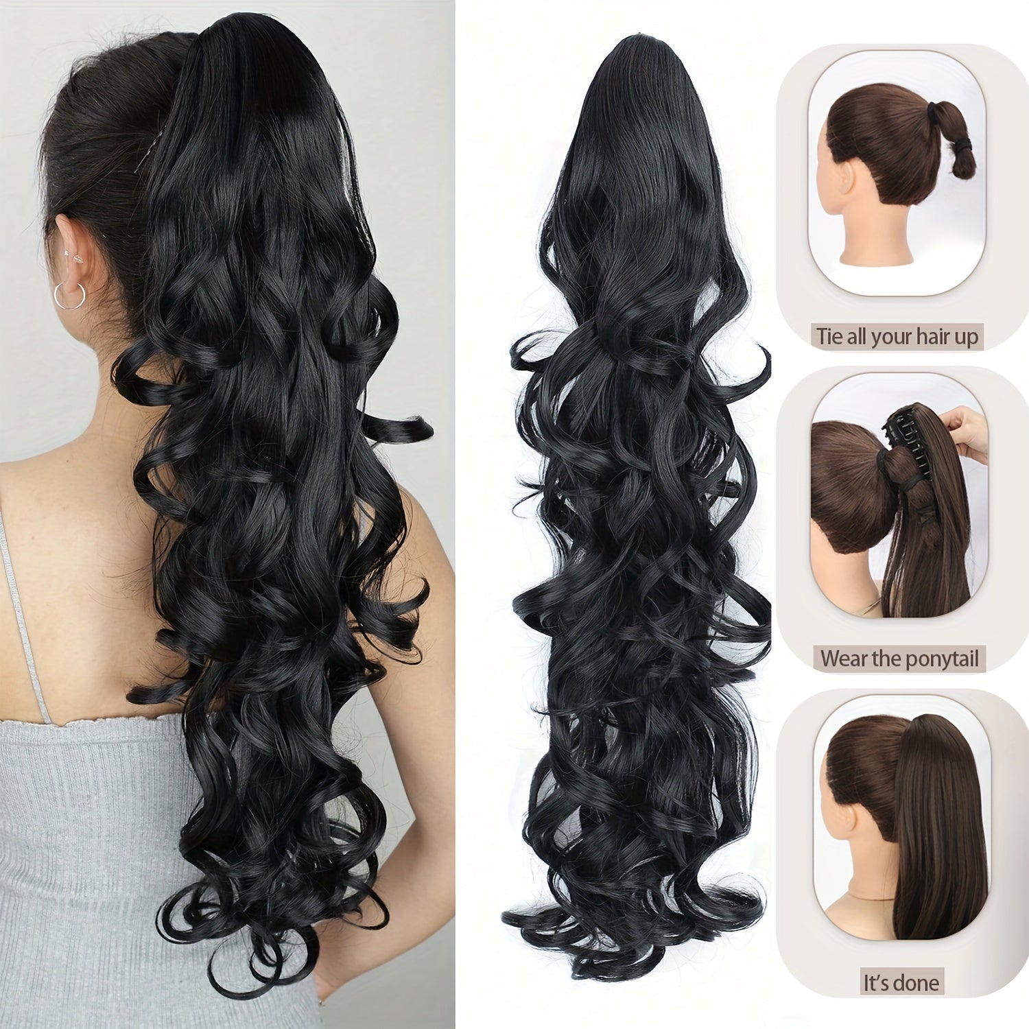 Clip-In Claw Ponytail Extension — Water Wave Wavy Curly Synthetic Hairpiece for Women (Dark Brown/Black)