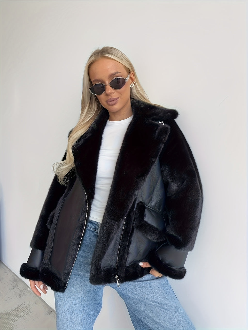 Women's Black Faux Fur Motorcycle Jacket - Zipper Front, Button Cuffs, Casual Fall & Winter Coat