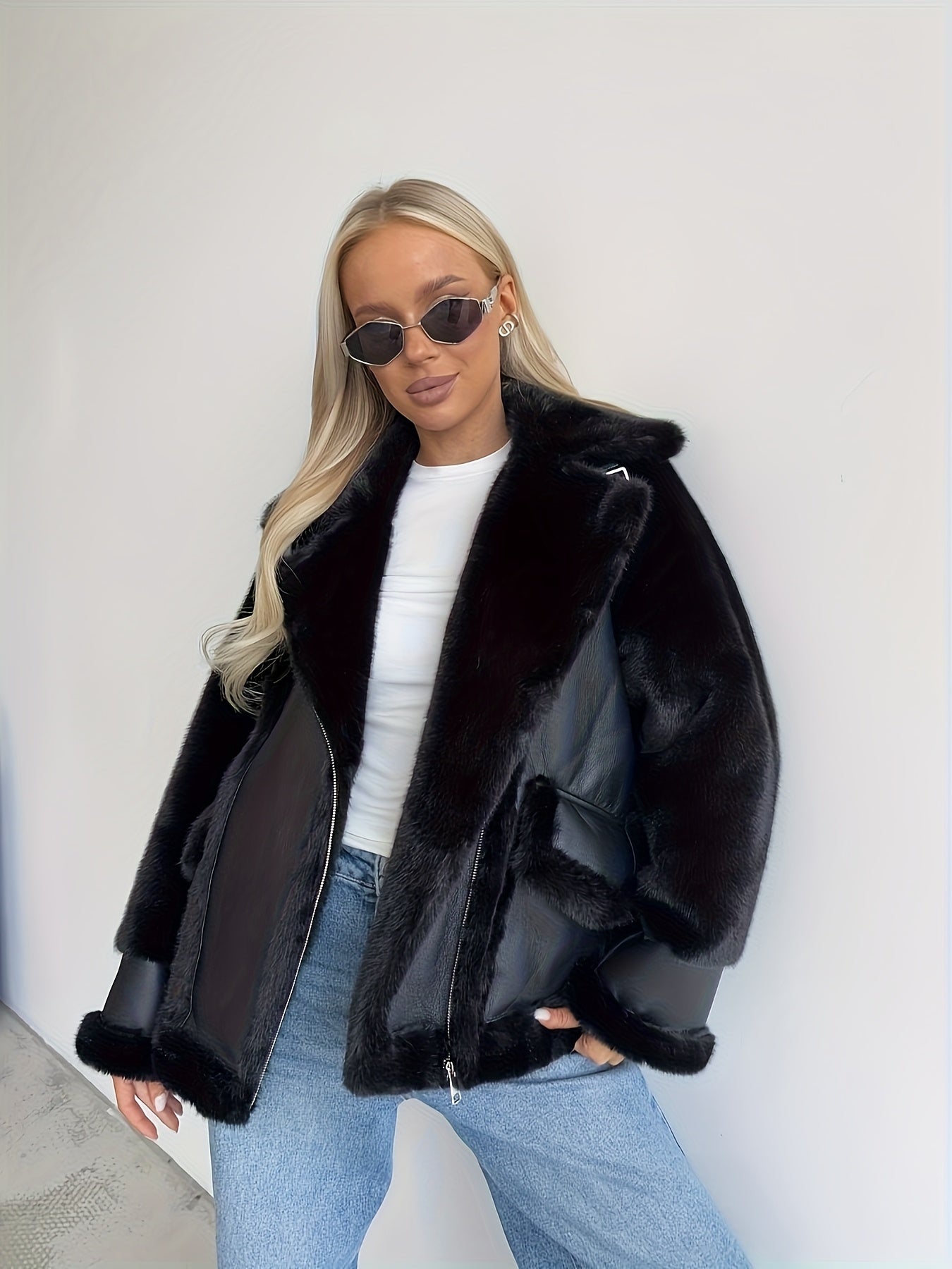 Women's Black Faux Fur Motorcycle Jacket - Zipper Front, Button Cuffs, Casual Fall & Winter Coat