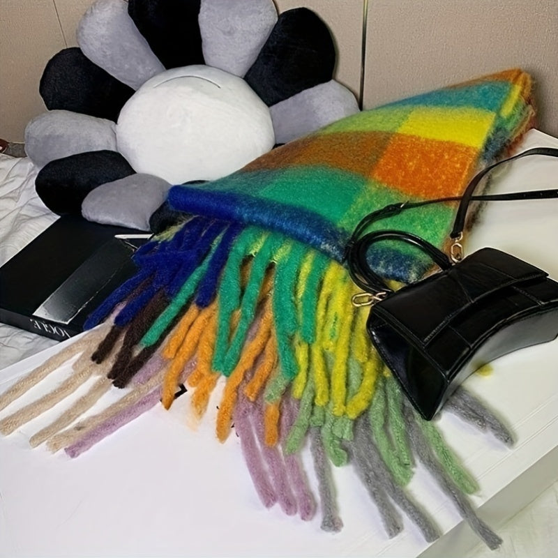 Women's Bohemian Plaid Tassel Scarf — Thick Faux Mohair Rainbow Shawl 240 cm (94.5 in)