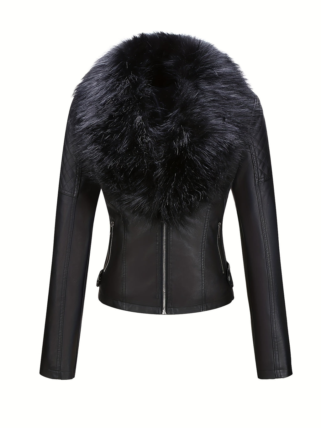 Women's Faux Leather Jacket with Removable Faux Fur Collar, Knit Panels, Zipper Front, Polyester Lined for Fall Winter