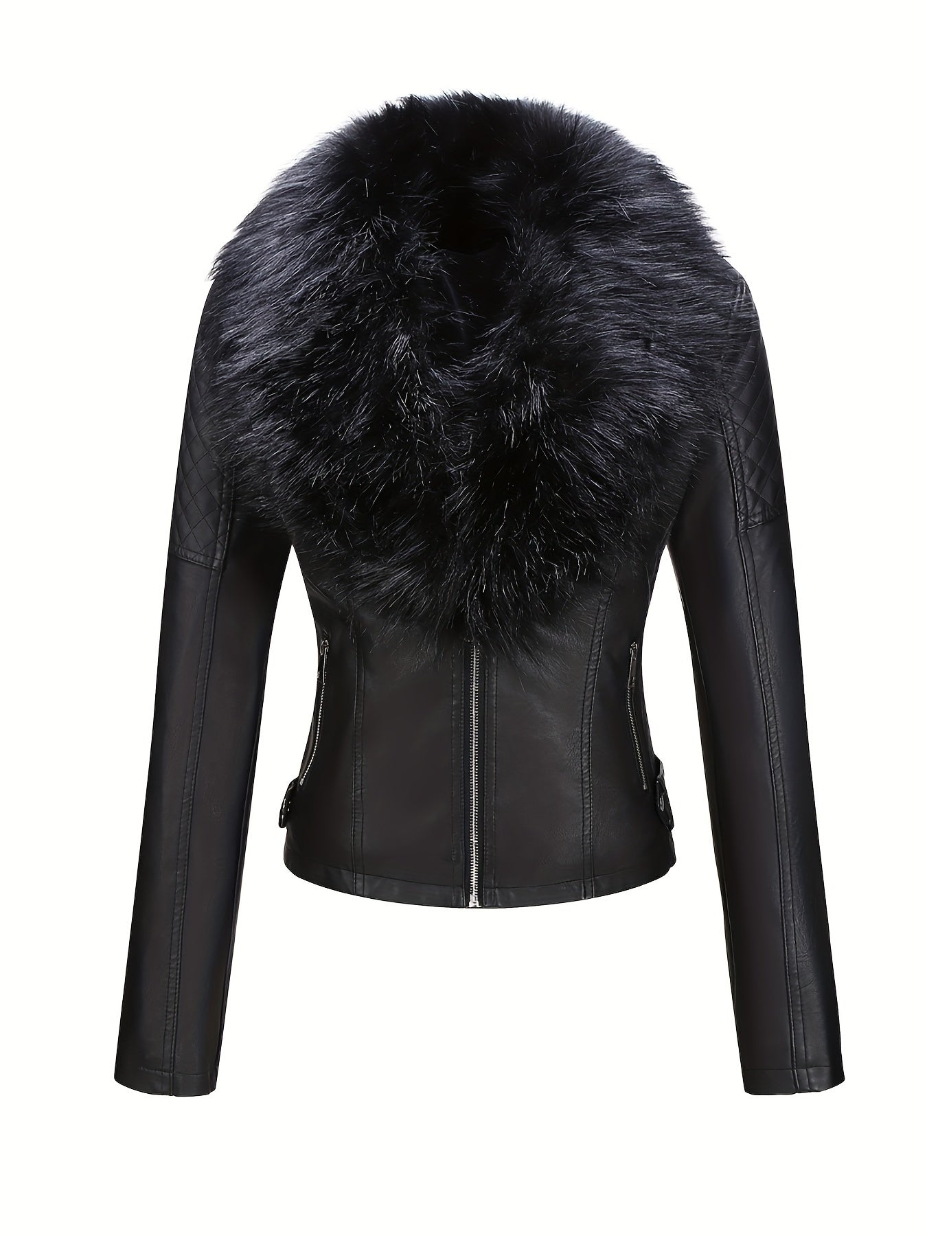 Women's Faux Leather Jacket with Removable Faux Fur Collar, Knit Panels, Zipper Front, Polyester Lined for Fall Winter