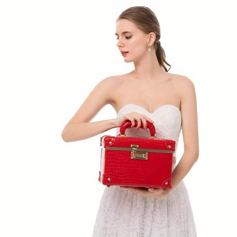 Retro Leather-Look Makeup Train Case with Combination Lock — 12.5 in (32 cm) Red Crocodile Cosmetic Organizer