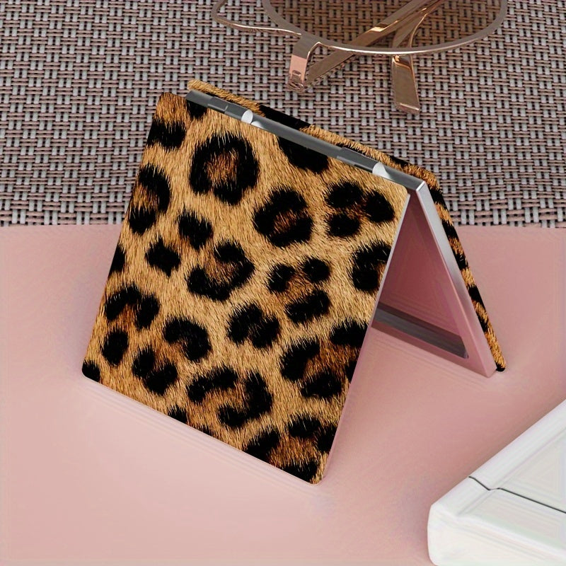 Leopard Print Foldable Double-Sided Portable Makeup Mirror, Compact Travel Vanity Mirror with Anti-Drop Glass, Powder-Coated Black Frame and Gold Hinges