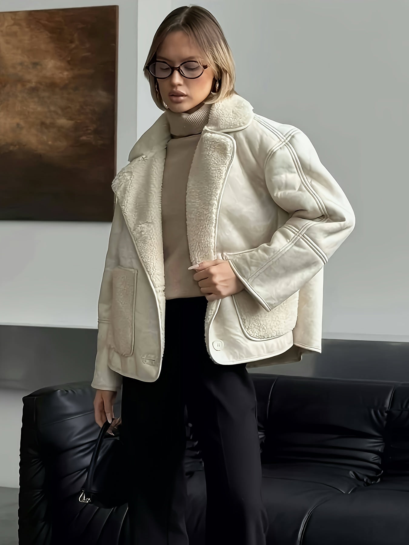 Women’s Cream Faux Fur-Lined PU Leather Jacket — Thick Winter Coat with Turtleneck, Asymmetrical Hem & Side Pockets