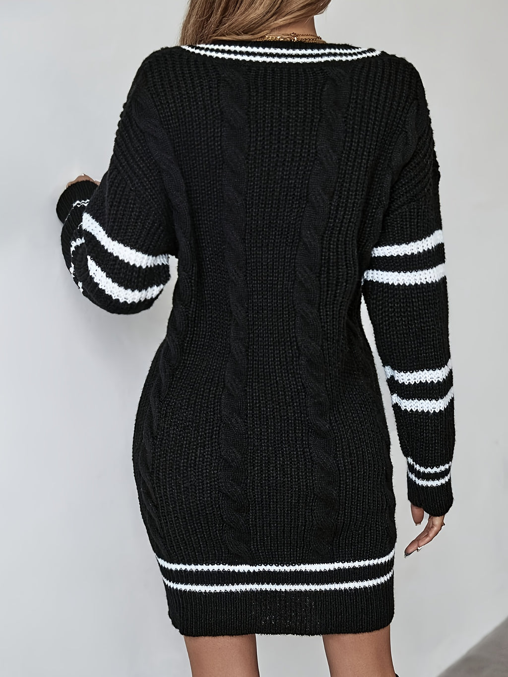 Elegant Striped V-Neck Knit Bodycon Sweater Dress for Women - Polyester Drop-Shoulder Colorblock (Fall/Winter)