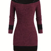 Plus Size Women's Color-Block Bodycon Dress – Long Sleeve Crew Neck, Casual Spring/Fall, Machine Washable