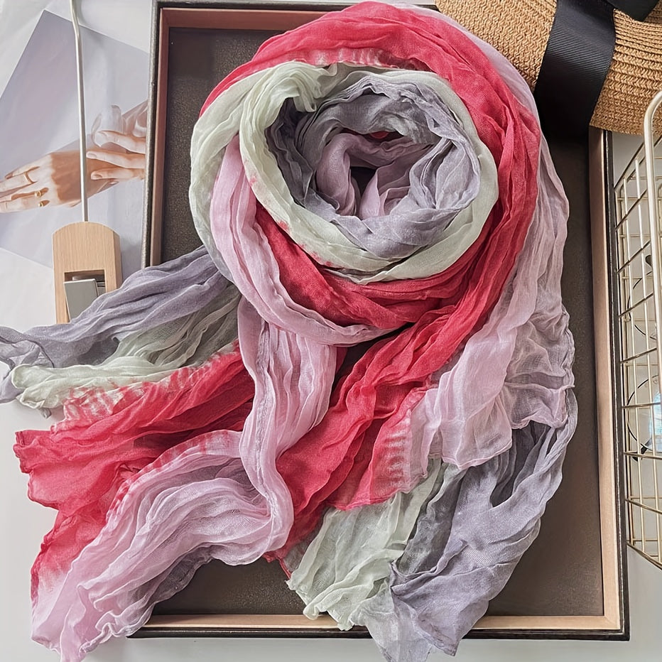 Gradient Blue Pleated Scarf - Lightweight Breathable Viscose Shawl Wrap, Boho Beach & Casual Long Scarf