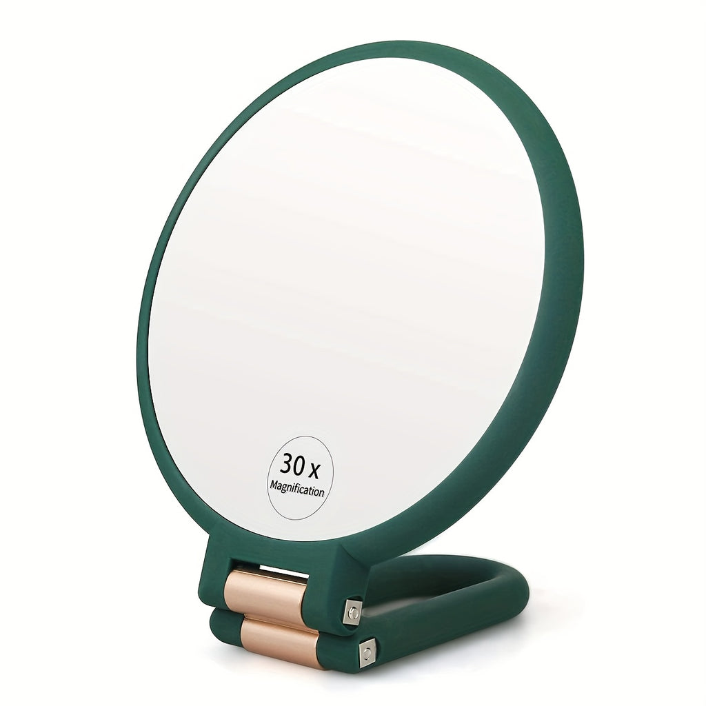 30X/1X Dual-Sided Magnifying Makeup Mirror, 360° Adjustable Stand, Portable Travel Mirror, Green Frame White Oval