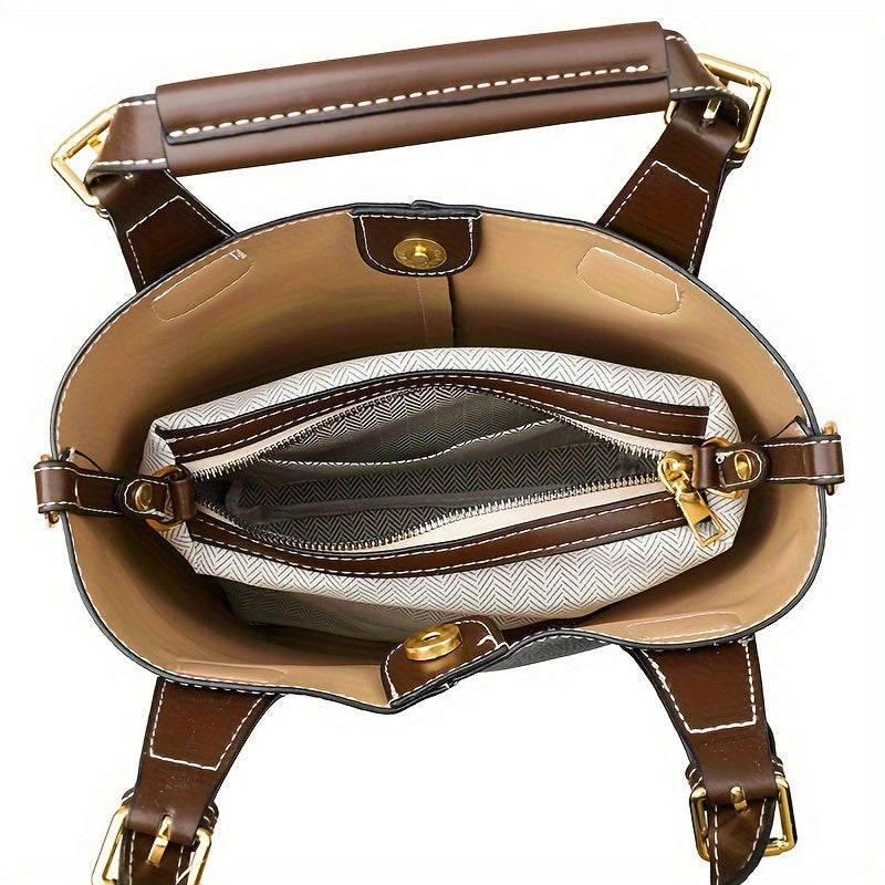 Elegant Women's Mini Bucket Bag – Lightweight PU Leather Handbag with Removable Strap, Zipper Closure & Painted Edge Detail