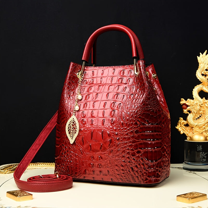 Women's Minimalist Crocodile PU Bucket Bag – Zipper Closure, Removable Strap Hand & Shoulder Bag (White, Red)