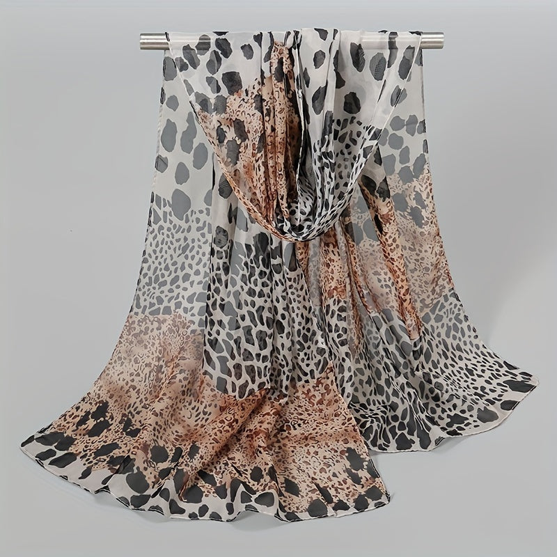 Bohemian Leopard Print Chiffon Scarf for Women – Lightweight Breathable Beach Shawl, Pink & Brown Animal Print on White, Vintage Travel Wrap with Sun Protection